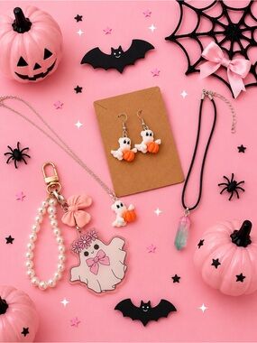 Cute Halloween Ghost Jewelry Set - Pink & Orange